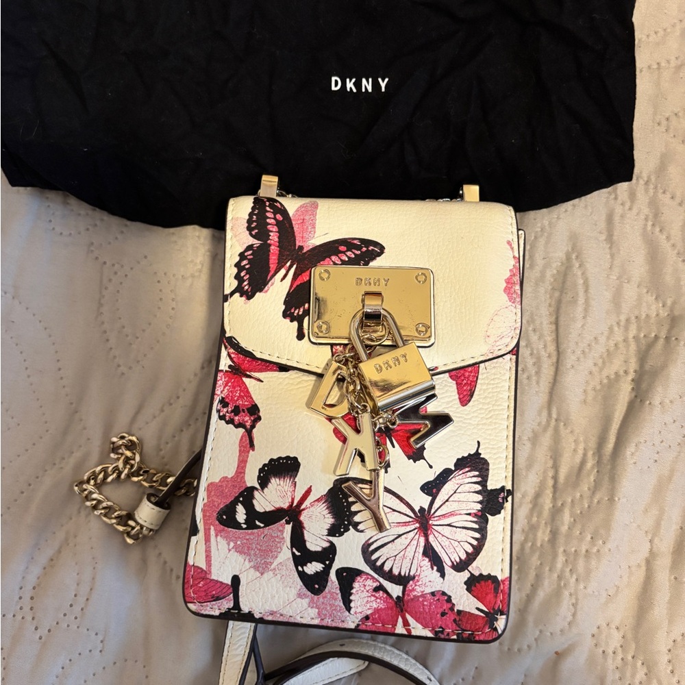 DKNY Cream Crossbody Phone Bag with Pink & Black Butterfly Print